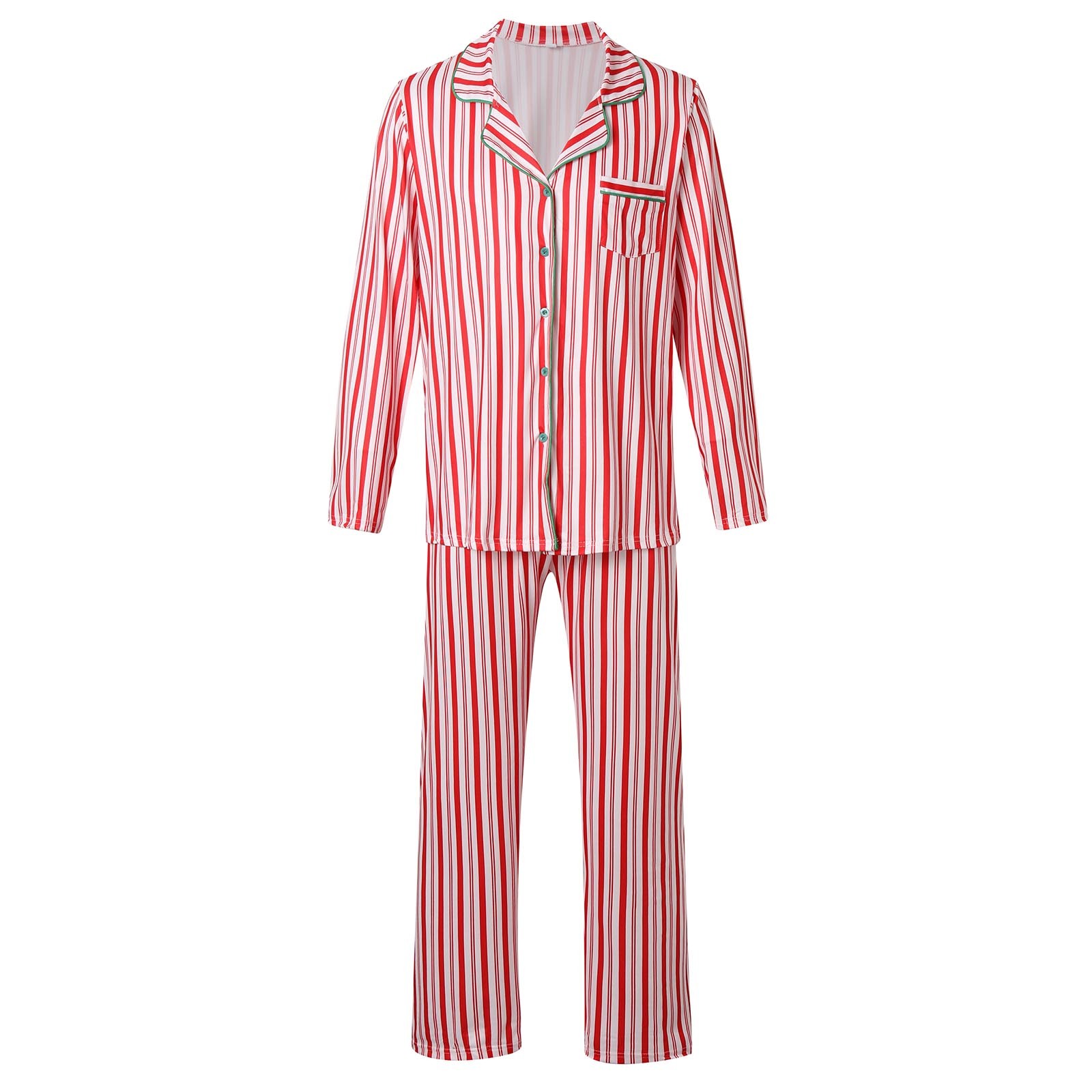 Bjutir Matching Christmas Pajamas For Family Stripe Printed Pajamas Lapel Neck Long Sleeve Top With Long Pants Two Piece Set Fall Winter Xmas Sleepwear Red